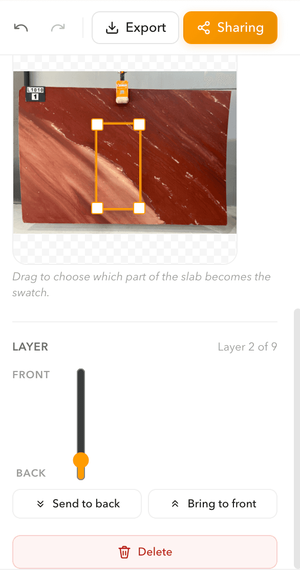 Moodboard crop tool with an orange selection marquee framing a swatch on a deep-red Red Jasper natural-stone slab