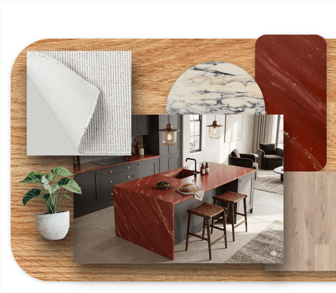 Composed moodboard on warm wood background: rosso marble swatches, oak parquet, white fabric, embedded rendering of a luxury kitchen with rosso-marble island