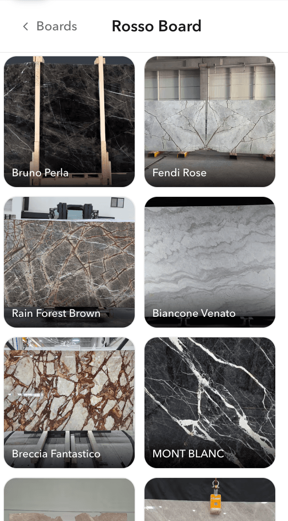 Rosso moodboard template list: Bruno Perla, Fendi Rose, Rain Forest Brown, Biancone Venato, Breccia Fantastico and Mont Blanc marble swatches in a 2-column grid